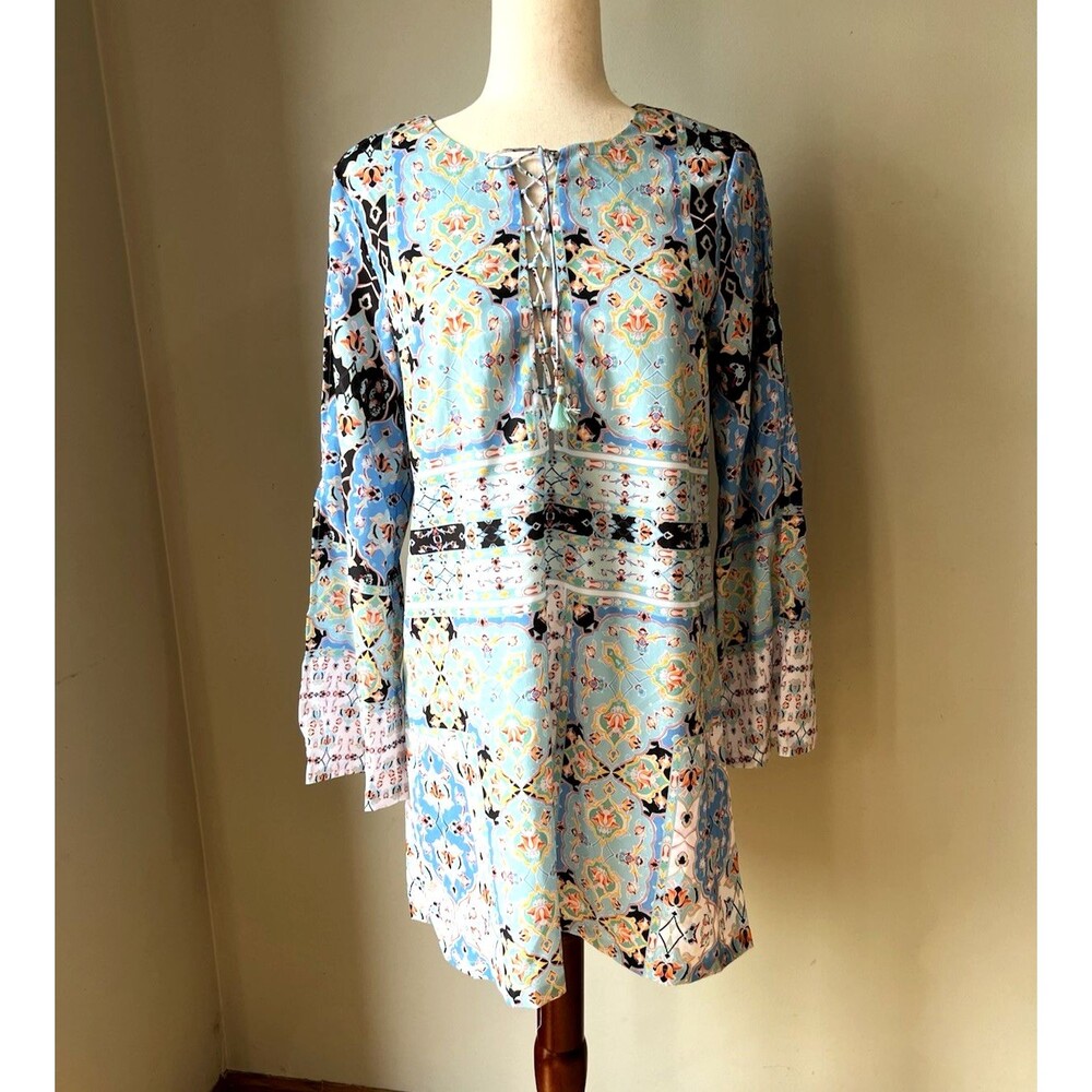 NWT Nanette Lepore Swim Tunic Cover Up Dress Lace Up Split Sleeve Multi Size S